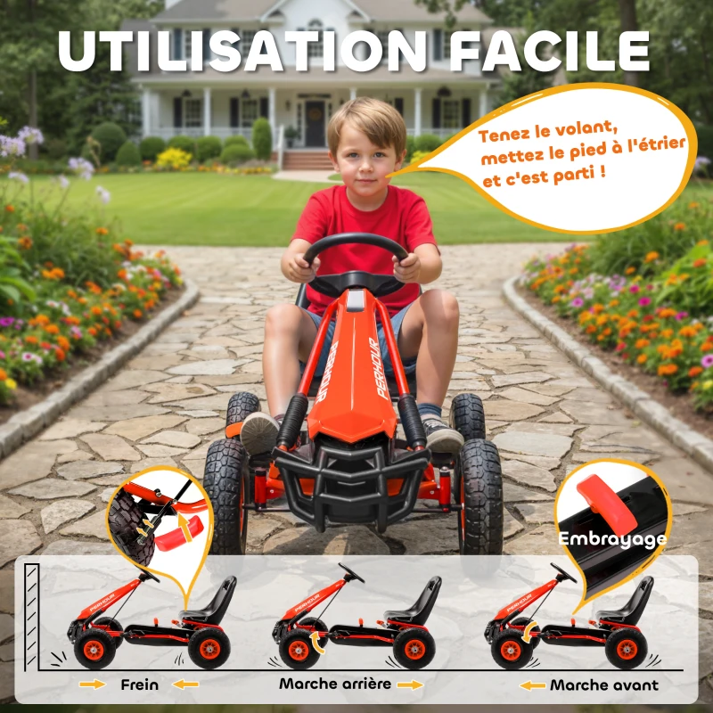 AIYAPLAY Kart à pédales Go-Kart pour enfants siège réglable pneus EVA embrayage manuel et frein 110 x 61 x 62 cm rouge