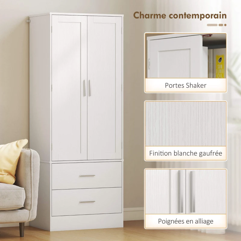 HOMCOM Buffet haut cuisine, armoire de cuisine, 2 portes, 8 porte-épices, 2 tiroirs, étagères réglables, 60x40x159cm, blanc