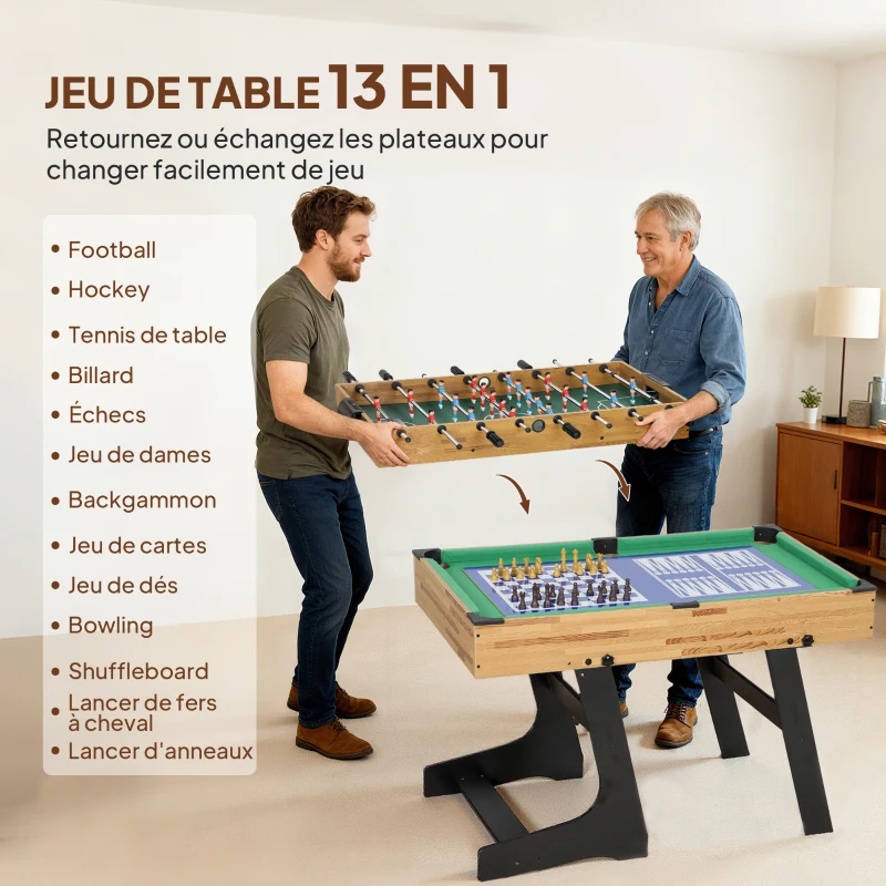 SPORTNOW Table multijeux 13 en 1 pliable, table de jeu baby-foot, billard, pour enfants et adultes 120 x 106 x 82 cm noyer clair
