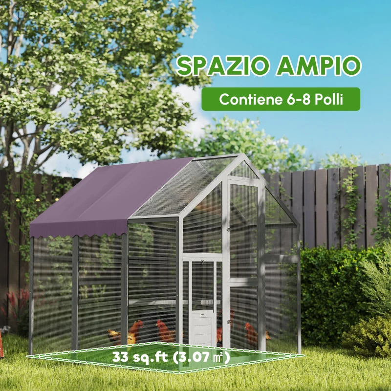 PawHut Recinto per Galline, Pollaio con Tetto Impermeabile, 2 Nidi, 2 Posatoi, per 6-8 Galline, 1.7 x 1.8 x 1.8 m, Grigio