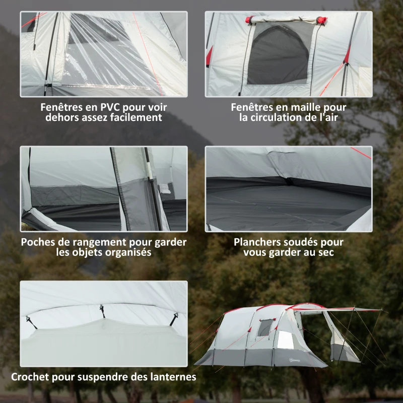 Outsunny Tente de camping familiale 6-8 personnes, tente tunnel imperméable, portes + fenêtres, 5,1 x 2,4 x 1,8 cm, gris clair