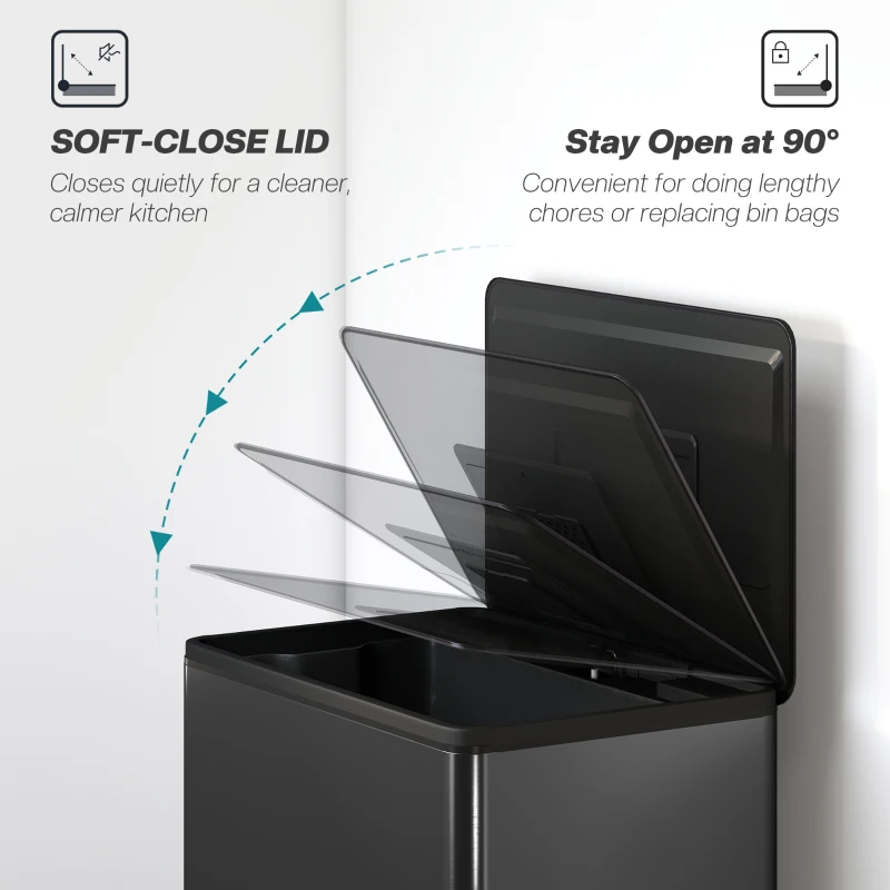 HOMCOM 45L Kitchen Bin, Pedal Bin with Soft-Close and Stay-Open Lid, Removable Inner Bucket, Odor Control for Kitchen, Office