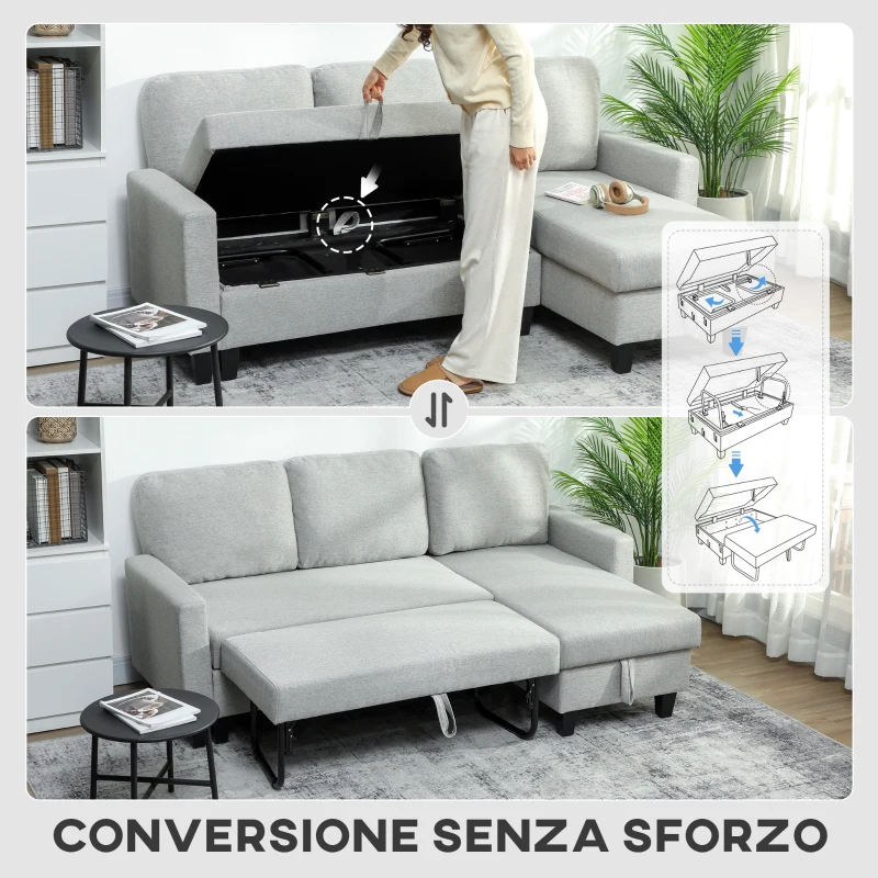 HOMCOM Divano Letto 3 Posti con Chaise e Spazio Contenitore, in Tessuto Effetto Lino, 197x129x85 cm, Grigio e Nero