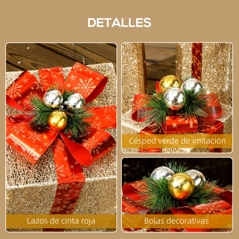 Outsunny Juego de 3 Cajas de Regalo Navidad con 58 LED Blanco Cálido Adornos Luminosos para el Árbol de Navidad Dorado