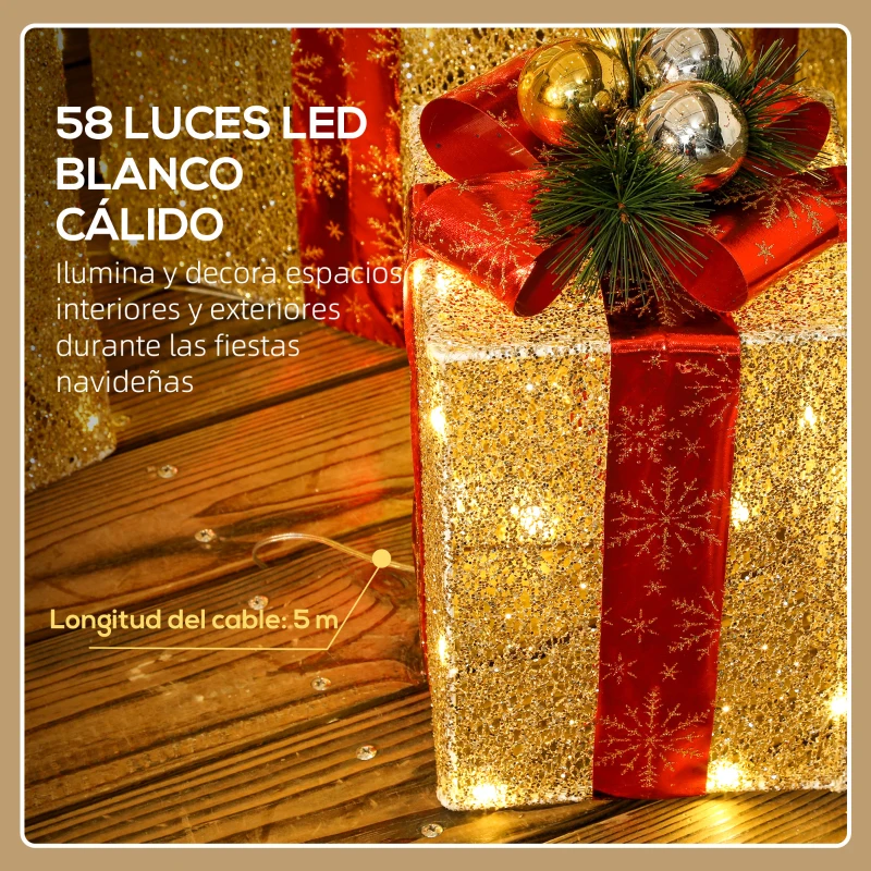 Outsunny Juego de 3 Cajas de Regalo Navidad con 58 LED Blanco Cálido Adornos Luminosos para el Árbol de Navidad Dorado