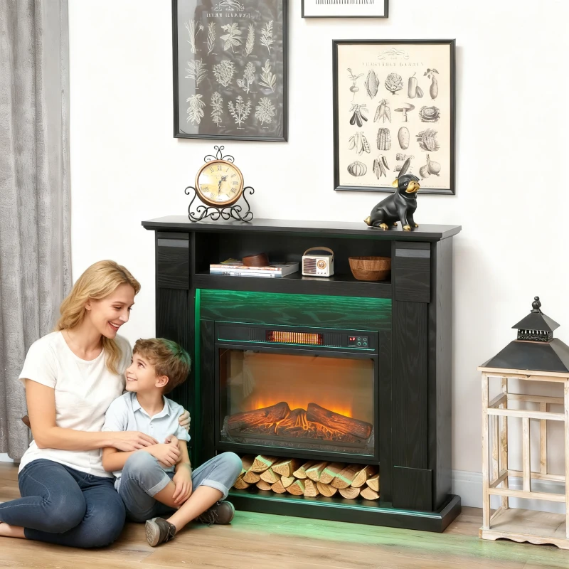 HOMCOM Elektrokamin 1800W regelbar mit 3D-Flamme, Ablage, Timer und Fernbedienung, 105x27x97 cm, Schwarz