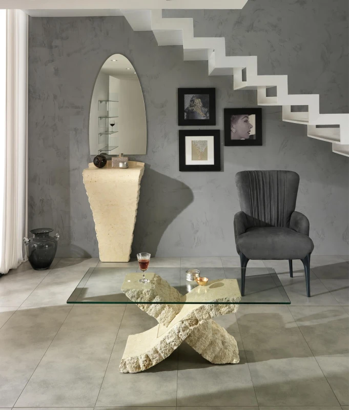 E-STYLO Tavolino moderno con base in pietra fossile e piano in vetro temperato, un pezzo d'arredo elegante e di grande impatto visivo, perfetto per completare soggiorni e salotti dallo stile contemporaneo o naturale, 70cm X 120cm H. 40cm