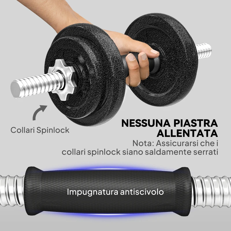 SPORTNOW Set Pesi e Bilanciere da 20kg con Impugnature Antiscivolo, 8 Dischi Pesi, Barra Bilanciere e 2 Barre Manubri in Acciaio