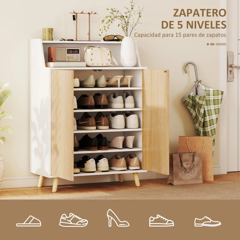 HOMCOM Zapatero Entrada Recibidor con 2 Puertas Estantes Ajustables y Compartimento Abierto 75x35x104 cm Blanco y Natural