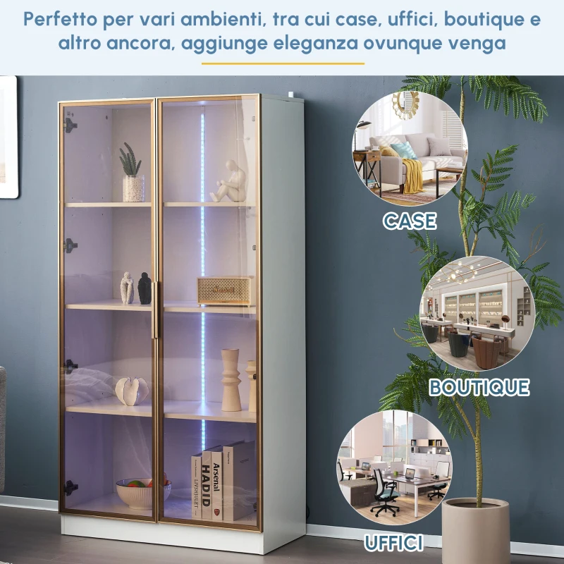 Vetrinetta Moderna in Vetro con Illuminazione LED a 16 Colori, Doppie Porte e Ripiani Regolabili, 80x40x160 cm - Mobiletto Porta TV, Bianco
