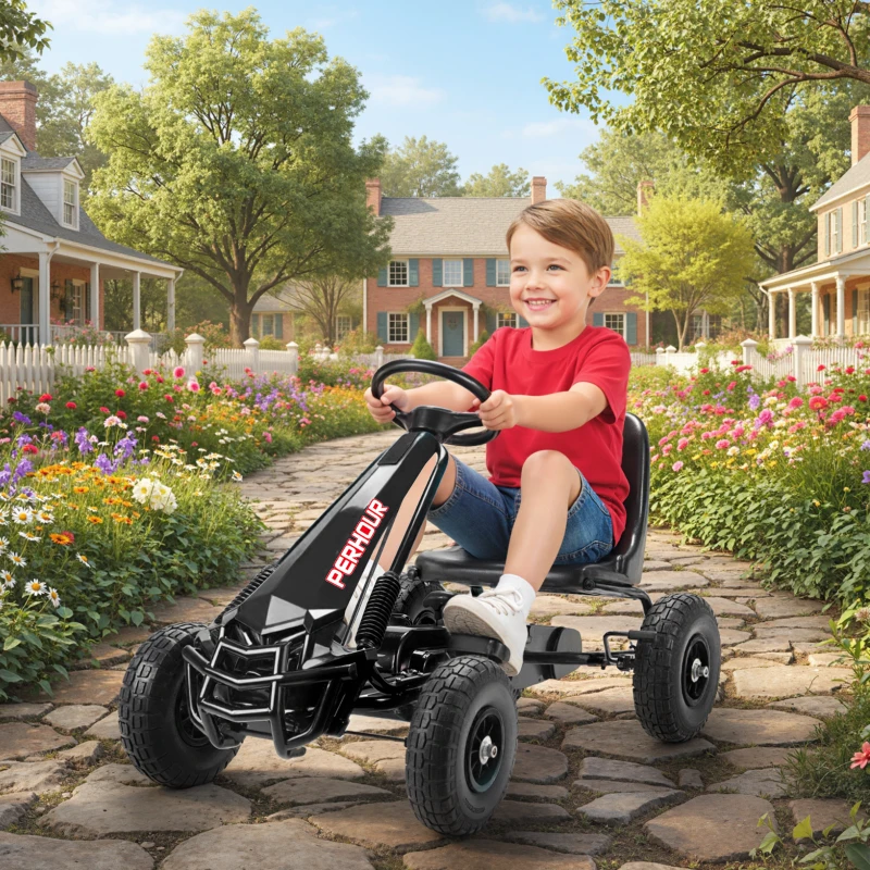 AIYAPLAY Kart a pédales Go-Kart para niños asiento regulable neumáticos EVA embrague manual y freno 110 x 61 x 62 cm negro