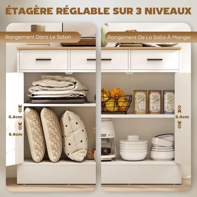 HOMCOM Buffet, meuble de rangement avec 2 portes, 2 tiroirs et étagère réglable, 68,6 x 35 x 90,3 cm, bois naturel et blanc