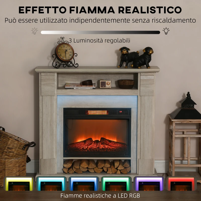 HOMCOM Camino Elettrico 1800W Regolabile con Fiamma 3D, Ripiano, Timer e Telecomando, 105x27x97 cm, color Legno