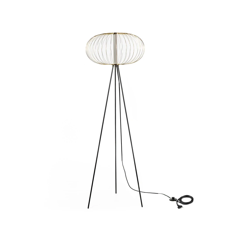 E-STYLO Lampada da terra con paralume dorato a gabbia e base treppiede nera, perfetta per aggiungere un tocco moderno e sofisticato a qualsiasi ambiente, 50cm X 50cm H. 150cm
