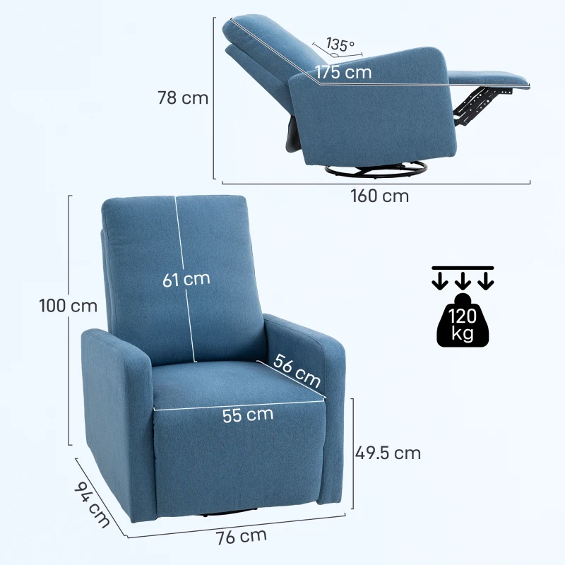 HOMCOM Fotoliu Relaxant Reclinabil Manual la 135°, Rotativ la 360° cu Funcție de Balans, Albastru