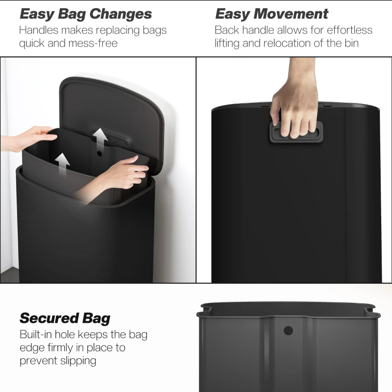 HOMCOM 50L Kitchen Bin with Soft-Close Lid and Stay-Open Function, Stainless Steel Pedal Bin with Removable Inner Bucket, Carry Handle for Kitchen, Office, Home, Black