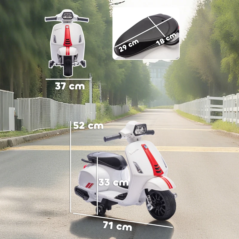 AIYAPLAY Mota Elétrica para Crianças 6V com Licença Vespa Rodas Auxiliares Velocidade de 2,5km/h Farol e Buzina 71x37x52 cm Branco
