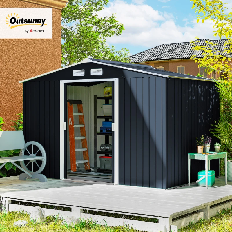 Outsunny 9 x 6FT Metal Shed Roofed Garden Shed Outdoor Storage Shed with Foundation Ventilation & Doors, Dark Grey(m-10)