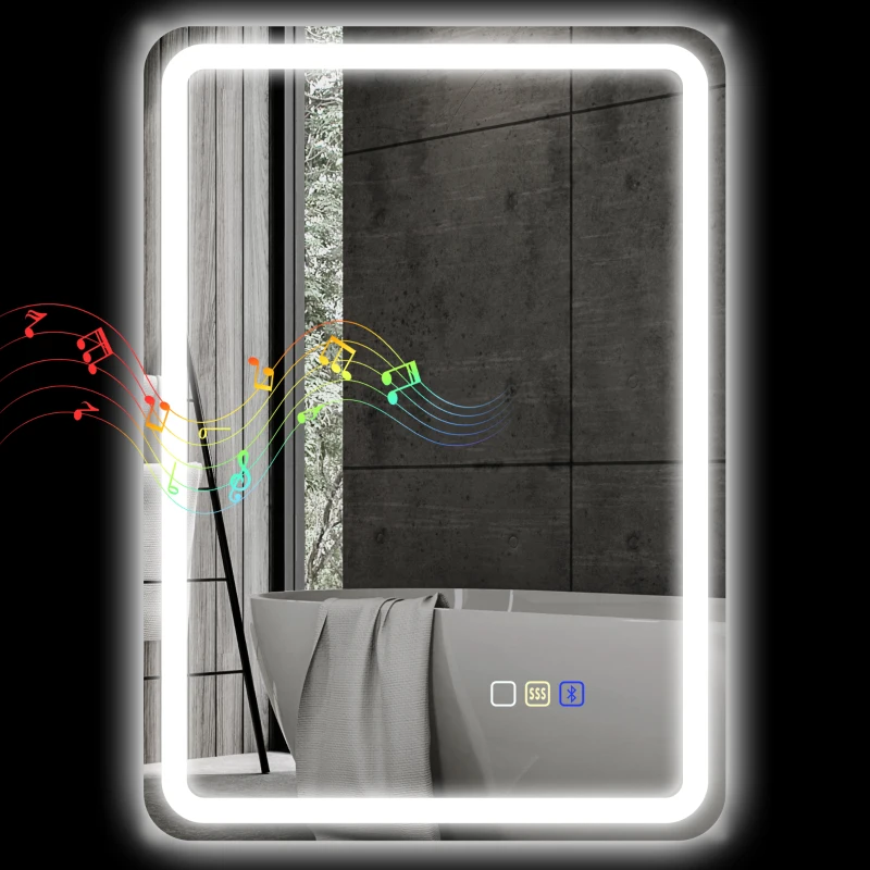 HOMCOM Espejo de Baño LED con Bluetooth, Iluminación Regulable y Función Memory, en Vidrio Templado, 70x50x3.5 cm