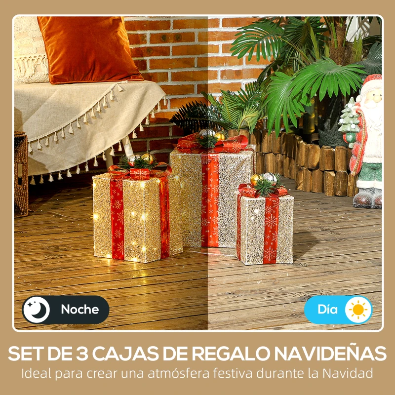 Outsunny Juego de 3 Cajas de Regalo Navidad con 58 LED Blanco Cálido Adornos Luminosos para el Árbol de Navidad Dorado