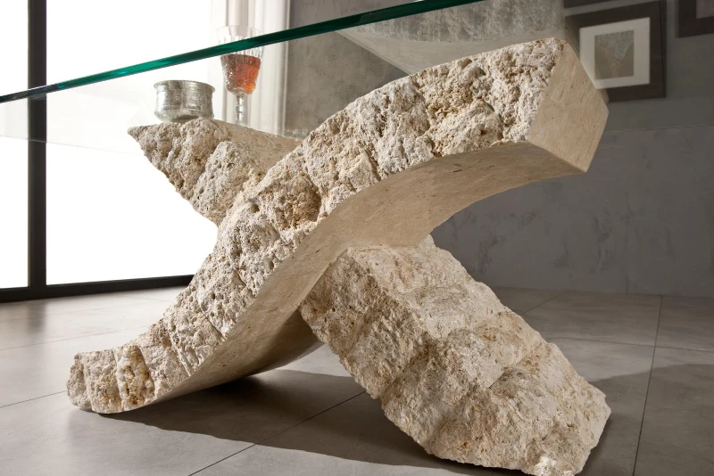 E-STYLO Tavolino moderno con base in pietra fossile e piano in vetro temperato, un pezzo d'arredo elegante e di grande impatto visivo, perfetto per completare soggiorni e salotti dallo stile contemporaneo o naturale, 70cm X 120cm H. 40cm