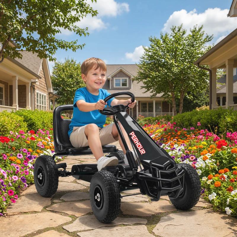 AIYAPLAY Tretkart Go-Kart für Kinder verstellbarer Sitz EVA-Reifen manuelle Kupplung und Bremse 110 x 61 x 62 cm schwarz