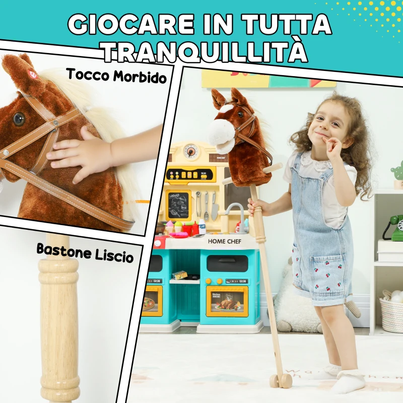 AIYAPLAY Cavallo con Bastone e Suoni Realistici per Bambini 24+ Mesi, in Poliestere e Legno, 95x25x27 cm, Marrone
