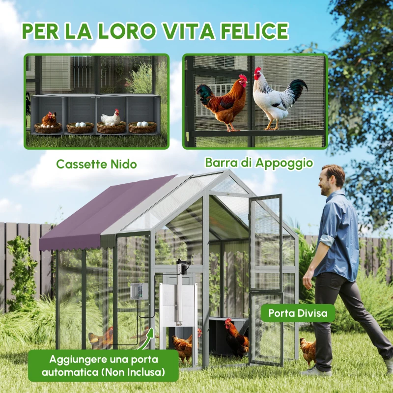 PawHut Recinto per Galline, Pollaio con Tetto Impermeabile, 2 Nidi, 2 Posatoi, per 6-8 Galline, 1.7 x 1.8 x 1.8 m, Grigio