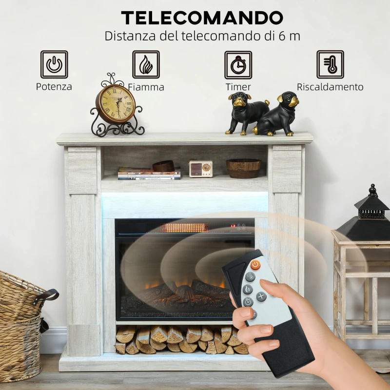 HOMCOM Camino Elettrico 1800W Regolabile con Fiamma 3D, Ripiano, Timer e Telecomando, 105x27x97 cm, color Legno