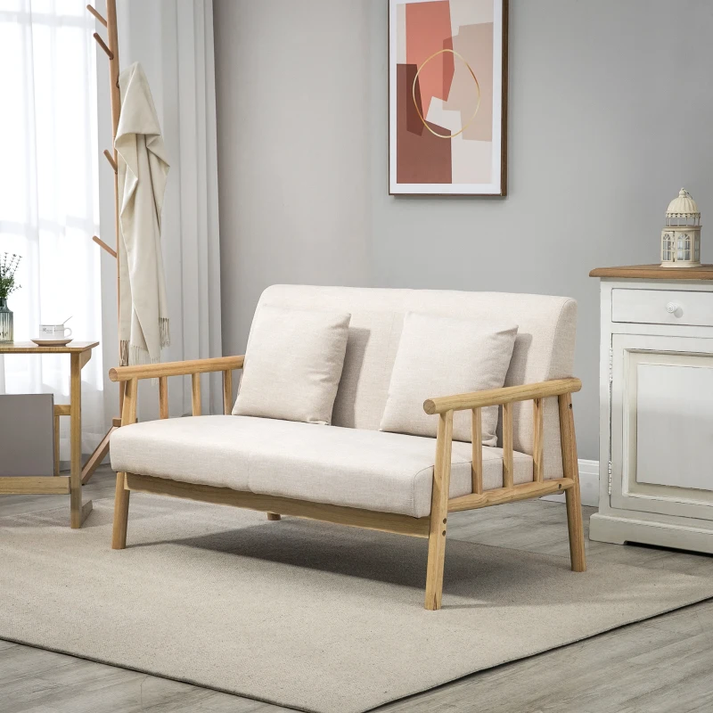 HOMCOM Canapé banquette 2 places style naturel en bois et tissu - dim. 123L x 69l x 74H cm - beige