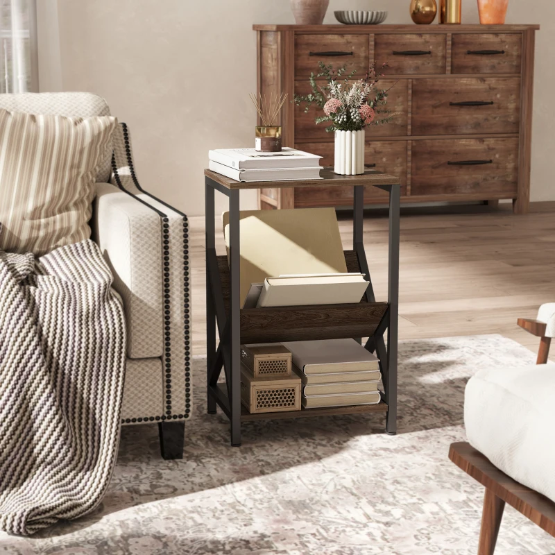 HOMCOM Narrow Side Table, End Table with 3-Tier Storage, V-Shaped Magazine Holder for Living Room, Bedroom, 40 x 30 x 61cm, Oak