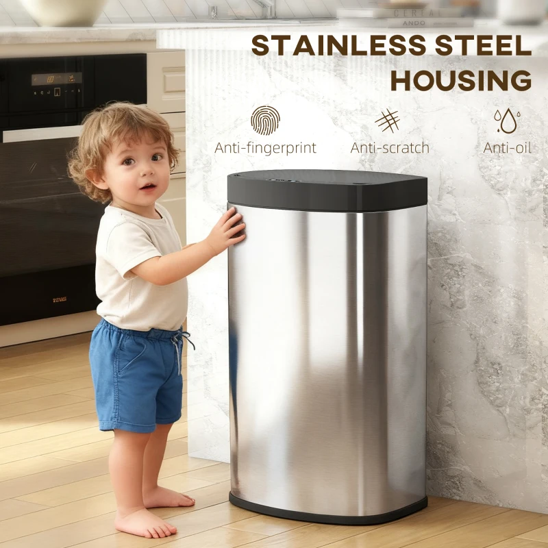 HOMCOM 55L Sensor Bin with Soft-Close Lid, Automatic Touchless Motion Sensor Kitchen Bin with Fingerprint Resistant Stainless Steel for Hygienic Gyms, Home Office Use, Silver Tone