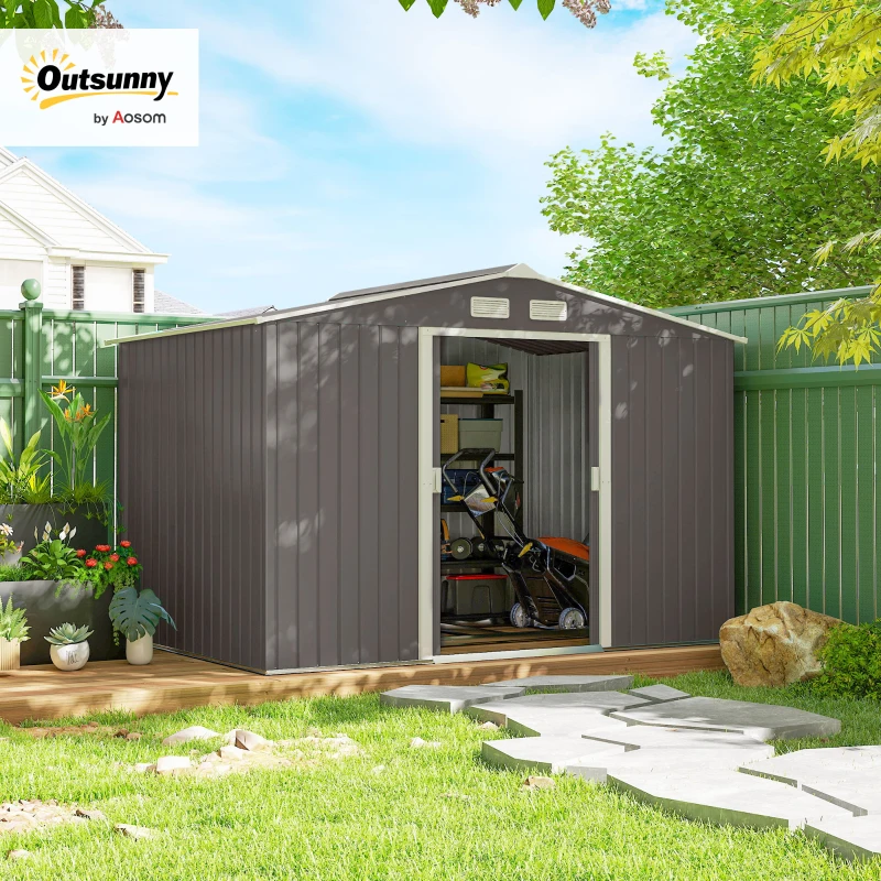 Outsunny 9 x 6FT Outdoor Garden Roofed Metal Storage Shed Tool Box with Foundation Ventilation & Doors Light, Grey(m-10)