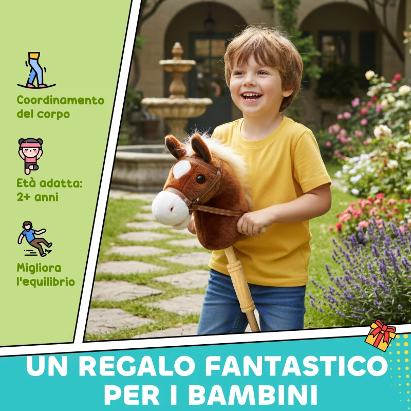 AIYAPLAY Cavallo con Bastone e Suoni Realistici per Bambini 24+ Mesi, in Poliestere e Legno, 95x25x27 cm, Marrone