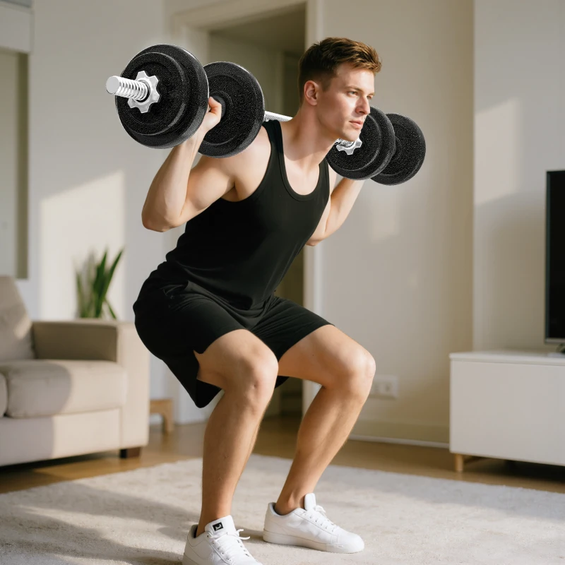 SPORTNOW Set Pesi e Bilanciere da 20kg con Impugnature Antiscivolo, 8 Dischi Pesi, Barra Bilanciere e 2 Barre Manubri in Acciaio