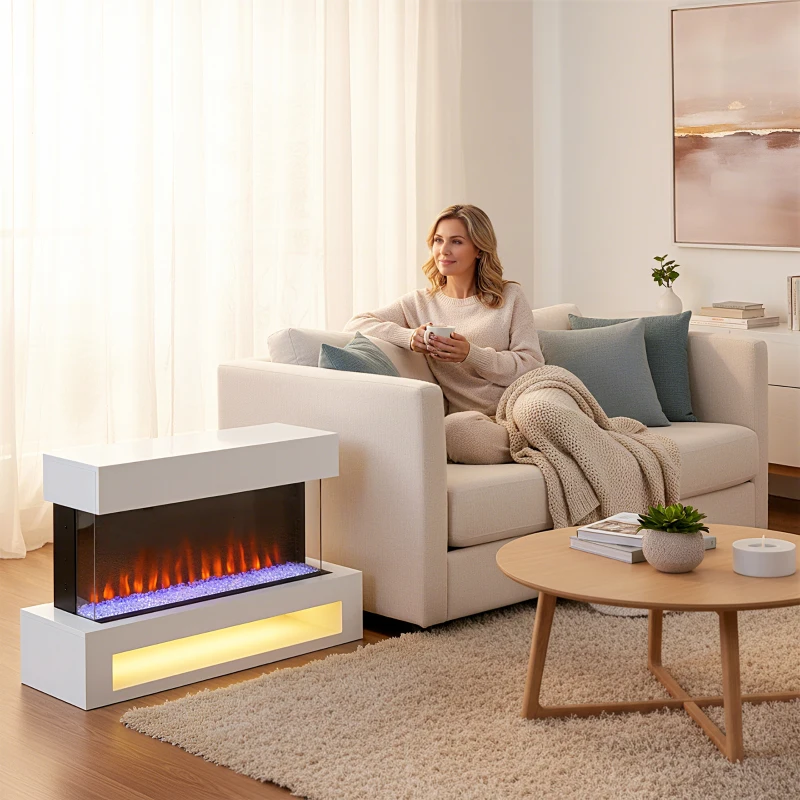 HOMCOM Cheminée électrique avec 11 couleurs de flammes, 10 couleurs de lit de cristaux, 1000W/2000W, télécommande, polyvalent, Blanc