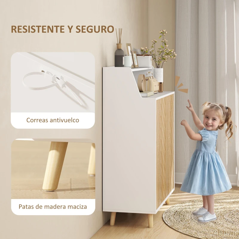 HOMCOM Zapatero Entrada Recibidor con 2 Puertas Estantes Ajustables y Compartimento Abierto 75x35x104 cm Blanco y Natural