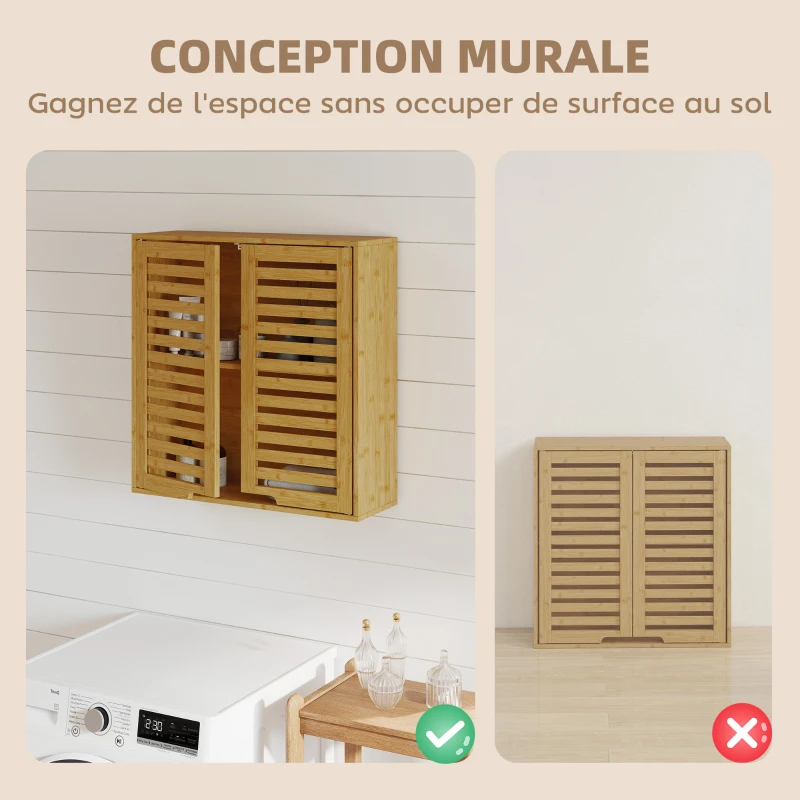 HOMCOM Armoire murale de salle de bain, meuble de rangement avec étagère réglable, en bambou 60 x 20 x 60 cm effet bois naturel