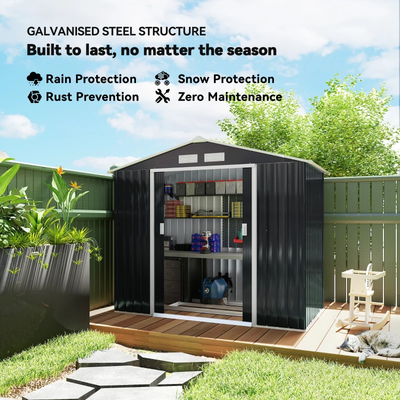Outsunny 7ft x 4ft Lockable Garden Shed Large Patio Roofed Tool Metal Storage Building Foundation Sheds Box Outdoor Furniture, Dark Grey(m-4)