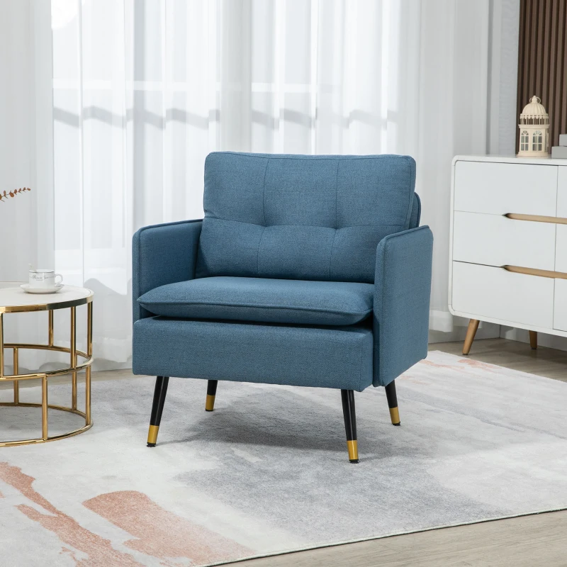 HOMCOM Fauteuil scandinave dossier capitonné avec passepoil en tissu 76 x 68 x 80 cm bleu et pieds en métal noir et doré