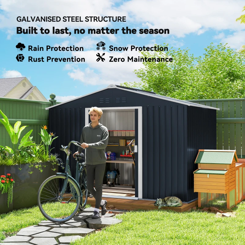 Outsunny Metal Tool Shed with Sliding Doors and Ventilation Windows, 277 x 195 x 192 cm, Dark Gray
