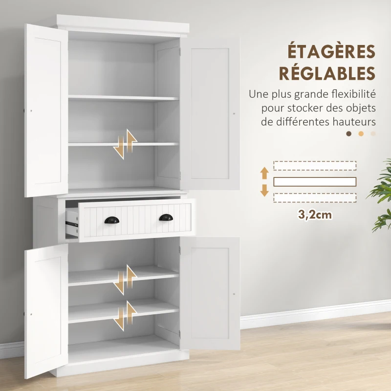 HOMCOM Armoire de cuisine buffet cuisine multi-rangements étagères réglables 4 portes grand tiroir 76,2 x 40,2 x 183 cm blanc