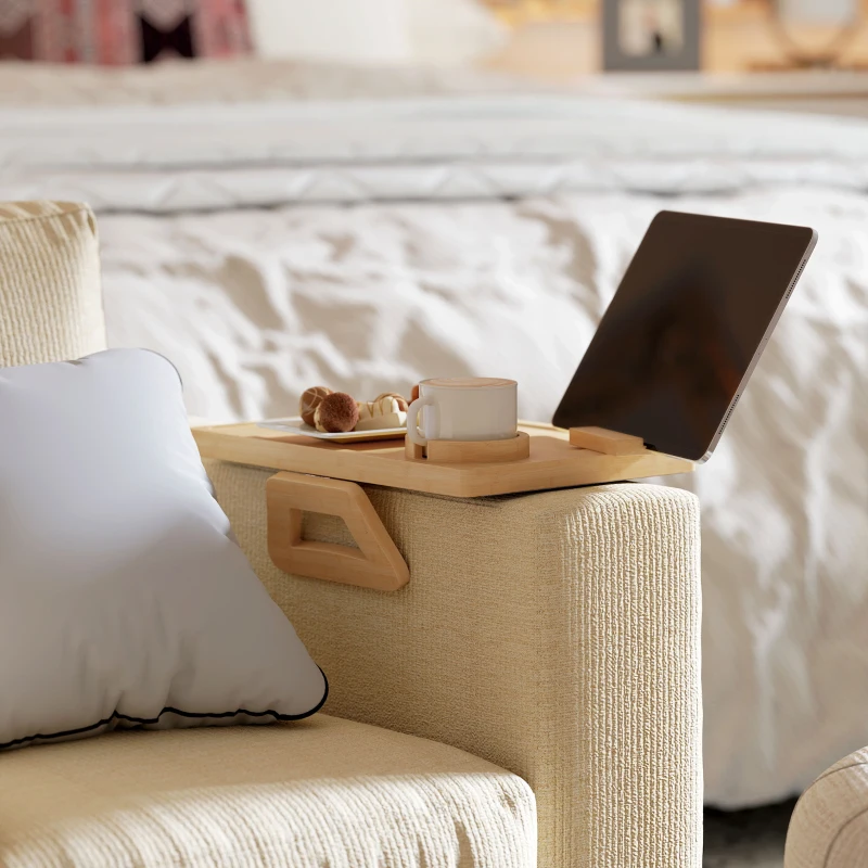 HOMCOM Faltbares, flexibles Bambus-Armlehnen-Tablett für Sofa mit herausnehmbarem Getränkehalter und Drehhalter für Handy