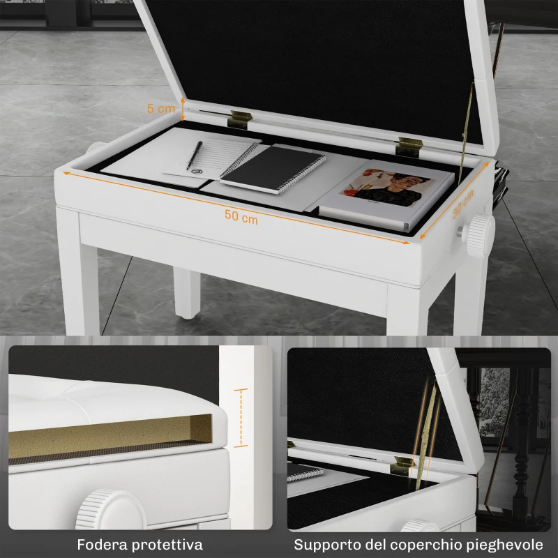 HOMCOM Sgabello Pianoforte Regolabile con Vano Portaoggetti e Seduta Imbottita, 54.5x33x48-58 cm, Bianco