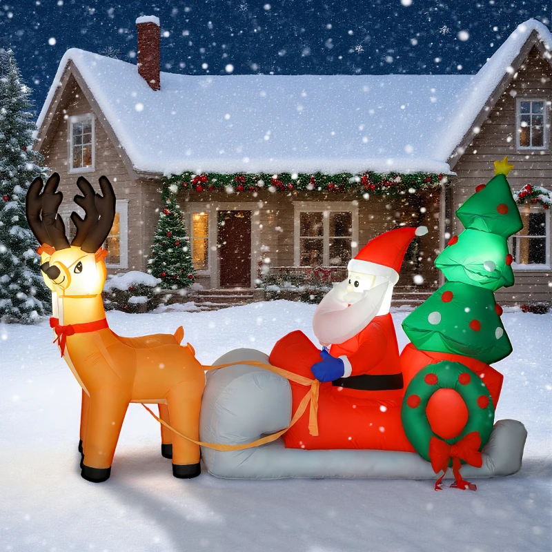 Outsunny Père Noël gonflable de 2,1 m sur traîneau avec deux rennes, décoration de Noël gonflable avec lumières LED intégrées