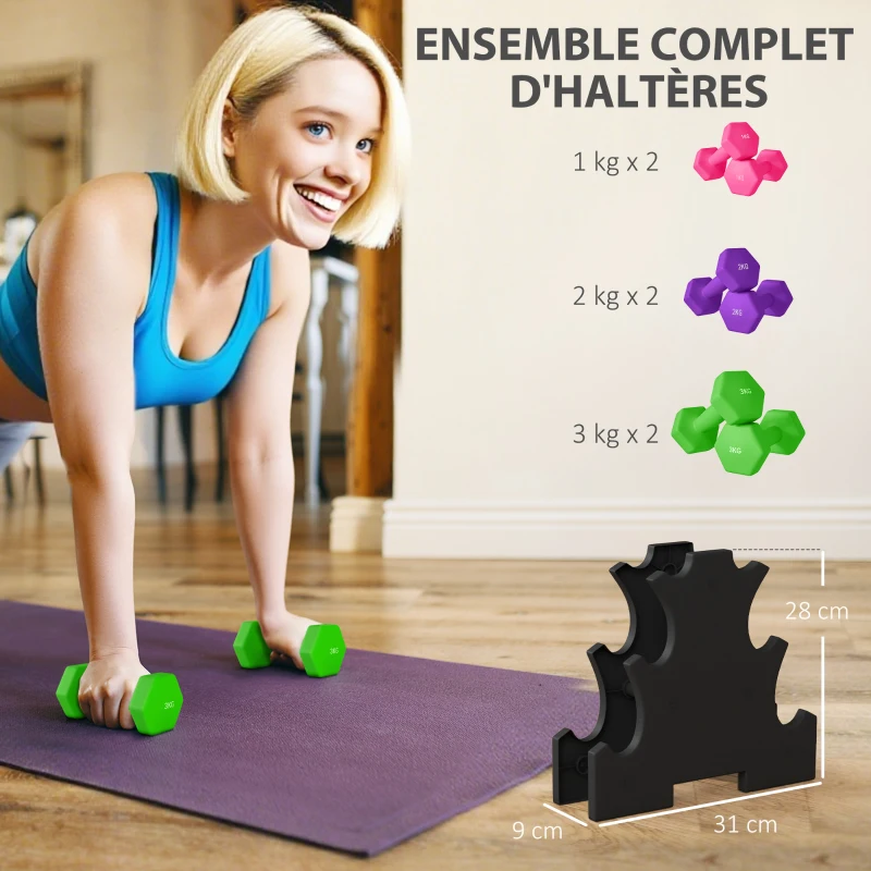 SPORTNOW Ensemble d'haltères hexagonale avec support d'haltères, pour la musculation, 2 x 1kg, 2 x 2kg, 2 x 3kg
