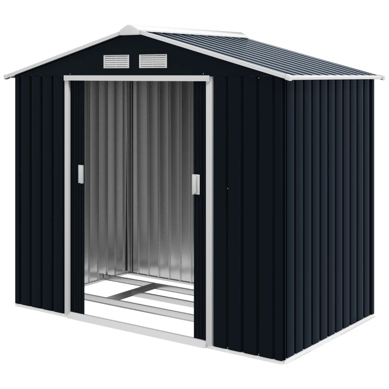 Outsunny 7ft x 4ft Lockable Garden Shed Large Patio Roofed Tool Metal Storage Building Foundation Sheds Box Outdoor Furniture, Dark Grey(m-12)