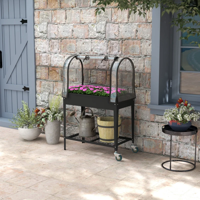 Outsunny Jardinière surélevée avec bâche transparente, 2 roulettes et 1 étagère inférieure, dim. 80L x 40l x 120H cm