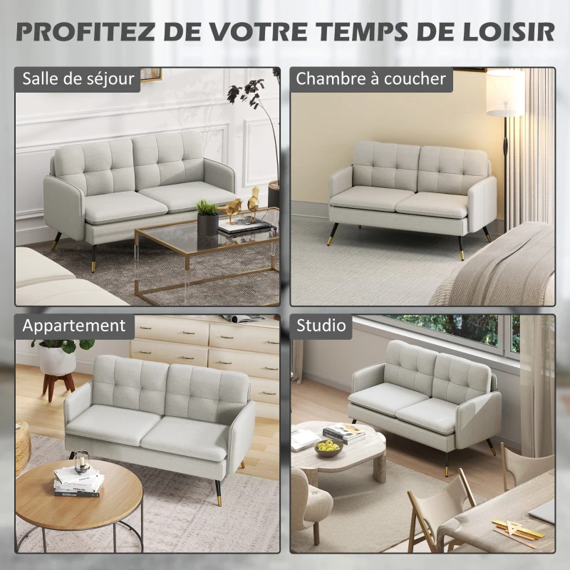 HOMCOM Canapé 2 places, canapé de salon, coussins, assise rembourrée, dossier capitonné, 139 x 68 x 80 cm, crème