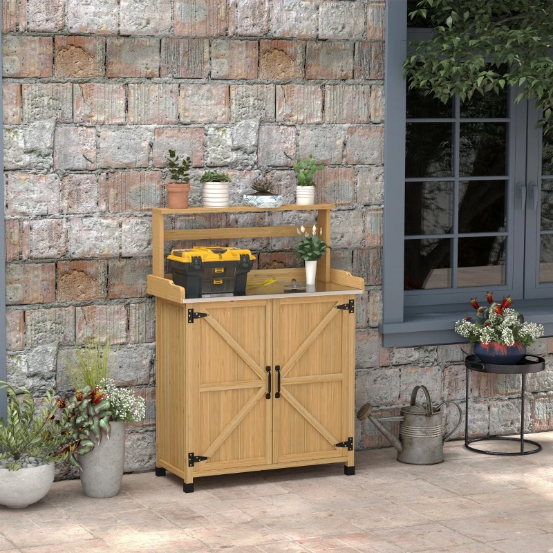 Outsunny Table de rempotage table de jardinage avec placard et étagères et plateau patins antidérapants en bois sapin jaune